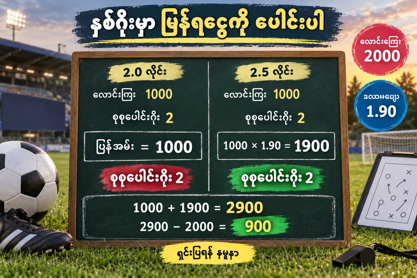 နှစ်ဂိုးအတွက် stake 2000 ကို တစ်ဝက်စီခွဲ၍ ပြန်ရငွေ 2900 တွက်သည့် နမူနာ