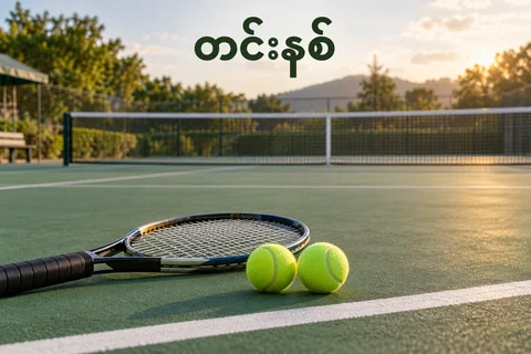 တင်းနစ်ကွင်းပေါ်ရှိ ရက်ကက်နှင့် ဘောလုံးနှစ်လုံး